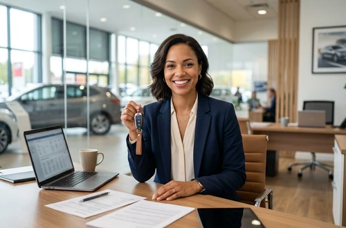 DriveWise lending specialist reviewing a car loan application with a client in a bright modern office